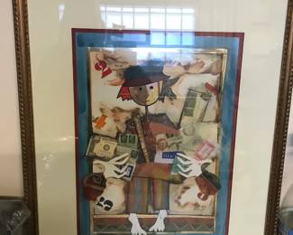 Framed Mixed‑Media Collage Artwork Vibrant mixed‑media collage artwork featuring a whimsical seated figure composed of layered papers, patterns, and colorful fragments. The piece incorporates playful elements such as birds and geometric shapes, giving it a lively, textured, and contemporary feel. The bold red and blue double‑matting adds depth and contrast, while the gold‑tone frame provides a refined finishing touch.  A unique and eye‑catching piece perfect for adding personality and artistic flair to any room.  Condition: Excellent; frame and artwork are clean and well preserved. Style: Modern collage / mixed media