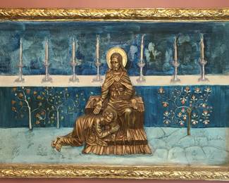 Beautifully crafted religious relief artwork set within an ornate gold frame. The piece features a serene devotional scene with a haloed Sacred Heart, rendered in a sculpted relief style that gives the artwork depth and dimension. Behind them is a rich blue backdrop with six lit candles on an altar and stylized trees with gold and orange accents, adding warmth and symbolism.  The frame itself is highly decorative with intricate floral detailing, enhancing the overall elegance of the piece. This is a striking wall display for anyone who appreciates sacred art, traditional iconography, or unique devotional décor.   Price $200