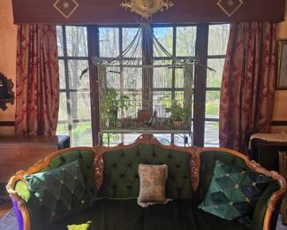 Victorian sofa in patchwork velvet upholstery.
