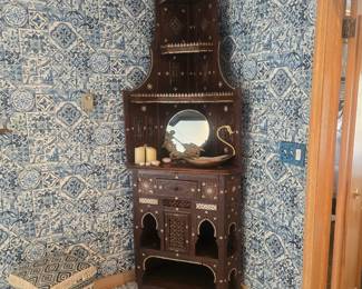 Moroccan inlaid wood corner cabinet