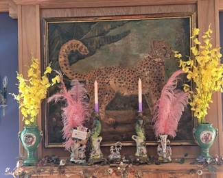 Mantel vases and antique parrot candle holders