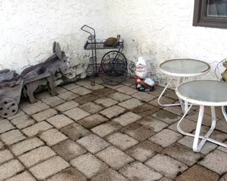 Old Wooden Donkey Planter & Wrought Iron Tea Cart