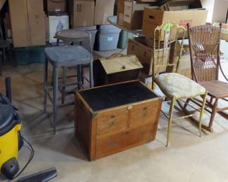 Hollywood Regency Gilt Metal Dining Chair & Industrial Stools