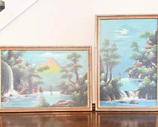 36 AsianLandscapePagodaWallArtBambooFramesMidCenturyModDecor