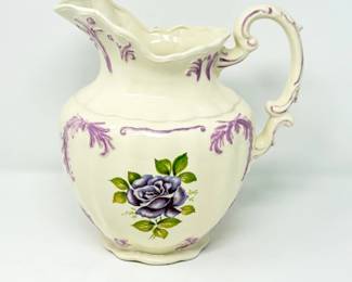 89 FloralCeramicPitcherCreamPurpleRoseCottageShabbyChic