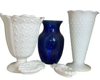 Fenton Milk Glass Vase Urn Hobnail Cobalt Glass Decor