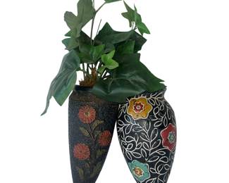Pair Wall Vases Black Floral Made In Japan