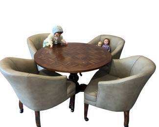 Round Table & 4 Leather Rolling Chairs Inlaid Top 