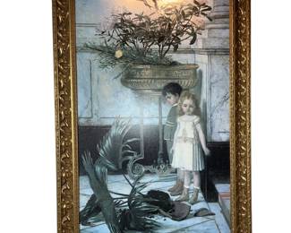 4x3FT Print Boy Girl Broken Vase Ornate Gold Gilt Frame + Light
