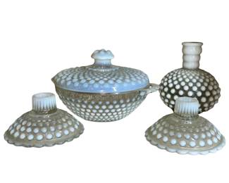 Anchor Hocking Moonstone Opalescent Hobnail Glassware Lidded Bowl Candlesticks Bottle