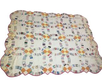 Antique Quilt Double Wedding Ring Warm Color Peach Yellow