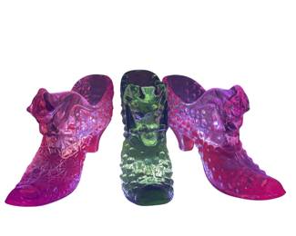 3 Glass Shoes Green Hobnail Daisy Button Fenton Pink