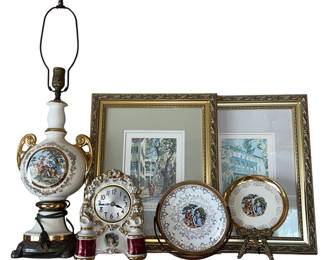 Gold Gilt Framed Prints Courting Couples Plates Lamp Clock Hollywood Regency