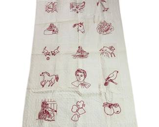 Antique Embroidered Coverlet Red White Horses Birds Animals Children
