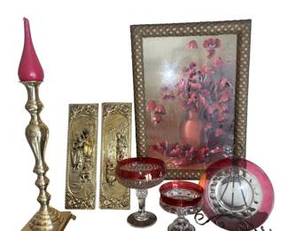 Antique Wall Print Poppies Ornate Frame Brass Repousse Wall Plaques Candlestick Ruby Flash Thumbprin