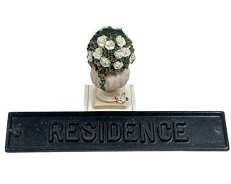 Antique Original RESIDENCE Cast Metal Sign + Urn Card Holder
