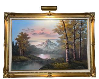 2x3FT Oil Painting Landscape Mountain Gold Ornate Gilt Frame & Light