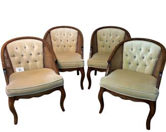 Set of 4 Barrel Pin Tucked Velvet Cane Sided Parlor Waiting Chairs Beige