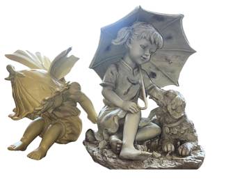 Figures Girl & Dog Under Umbrella + Garden Fairy Statue