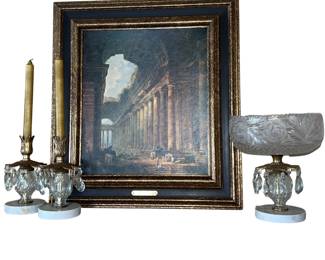 Old Temple Print Framed Hollywood Regency Drop Crystal Gold Marble Candlesticks Bowl
