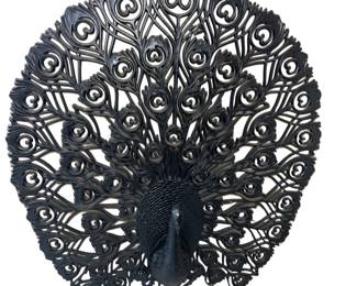 33" 1960s Wall Art Molded Peacock Black Hollywood Regency Burwood MCM