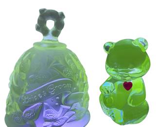 Fenton Teddy Bear Red Heart Bride & Groom Bell Uranium Glass