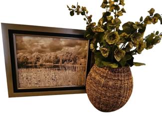 Textured Grass And Trees Print Woven Basket Vase Floral Decor
