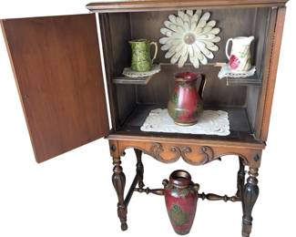 1920s Radio Cabinet Jacobean + Décor Vases Berkey & Gay