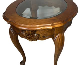 Oval Glass Top End Table Bowed Legs Carved Details