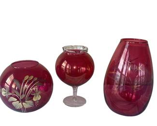 MCM Raspberry Glass Atomic Gold Starbursts Globe Vase