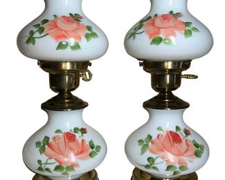 Pair Milk Glass Hand Painted Rose Boudoir Lamps
