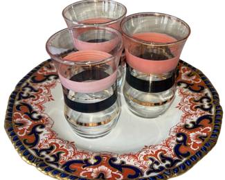 MCM Pink Black Gold Aperitif Cocktail Glasses Kings Pattern Plate