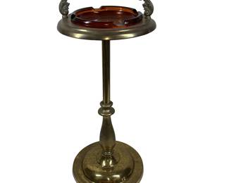 Parlor Floor Standing Ashtray Patina Brass Amber Glass