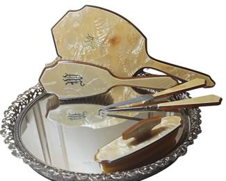 Antique Butterscotch Vanity Set Mirror Nail Tools Hairbrush