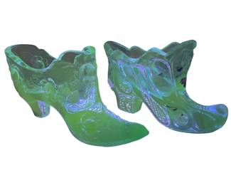 Fenton Green Satin Glass Shoes Hand Painted Signed