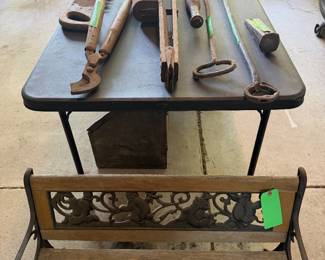 Primitive tools; vintage childs' park bench
