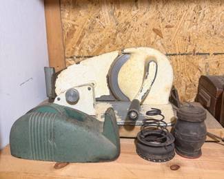 Vintage General model 300 hand crank meat slicer; Vtg Green cast iron tape dispenser
