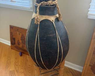 Vintage Tarahumara Indian rawhide bound pottery vessel with stand
