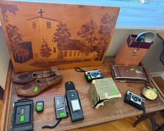 vintage cameras; inlaid wooden art from Sweden