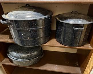 Black speckled enamelware canning stock pots