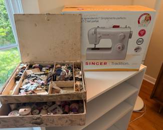 Singer Tradition sewing machine; vintage sewing notions, buttons