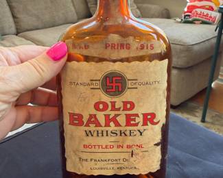 OLD BAKER Good Luck Swastika 1916 Pre-Prohibition Whiskey Bottle