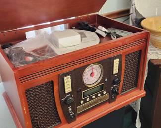 Vintage style music center-CD player/recorder, cassette, FM radio, & turntable for vinyl records 