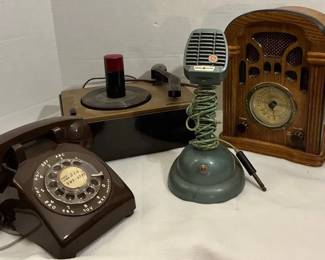 Vintage GE Blue General Microphone, 45 RCA Victor Turntable, Radio, Rotary Phone,