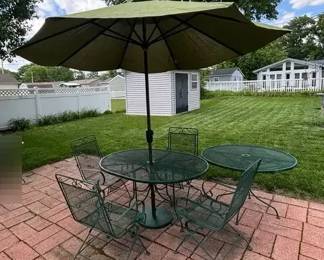 Painted Green Iron Table with 4 Chairs and Umbrella, Includes Extra Round Table