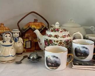 Vintage Ceramic Tea Pots, Dutch Girl Boy Salt Pepper Shaker, Thomas Kinkade Mugs