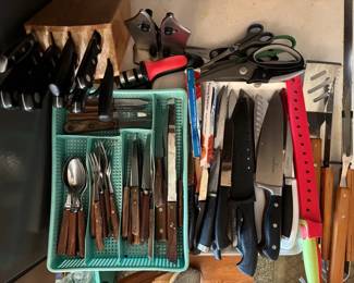 Assorted Kitchen Knives Sharpener, Vintage Wood Handle Flatware