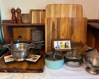 Kitchen Items Including Crofton Wood Cutting Boards2, Vintage Strainers, Potsgreen Pan, Crofton,