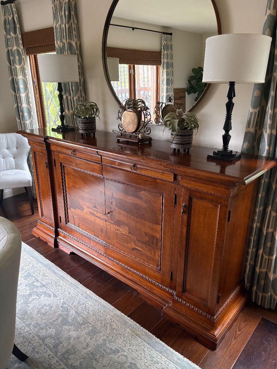 Traditional inlaid wood sideboard with marquetry detailing of Venice, Italy  85x21.5x43