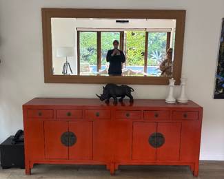 Statement chinese red lacquer sideboard with brass hardware and multiple storage drawers  92x38x19.5